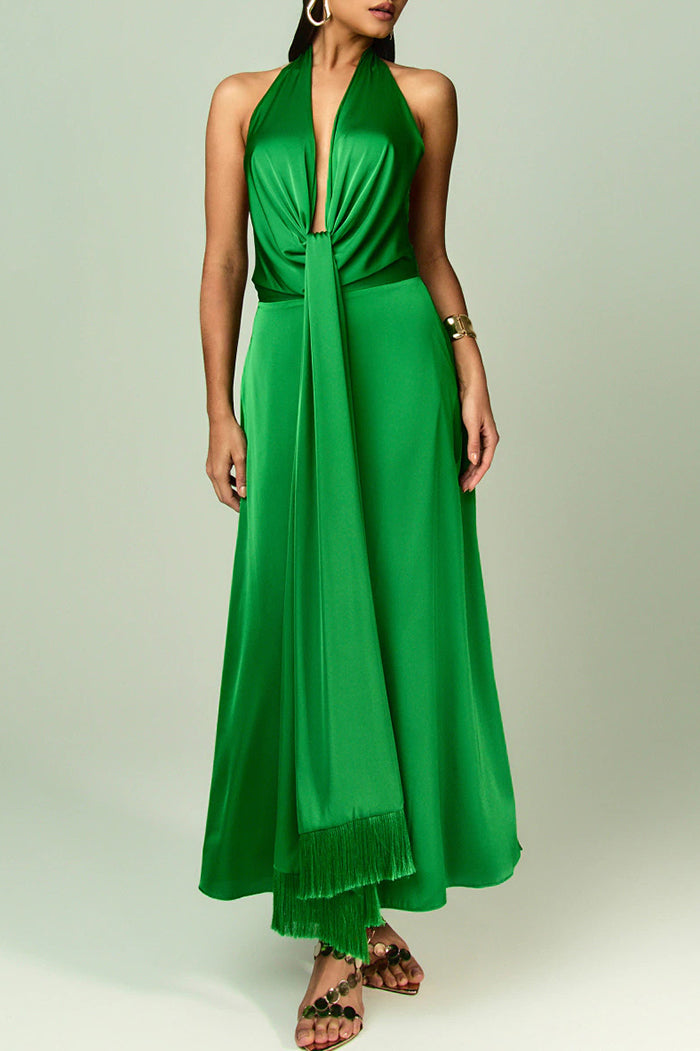 Halter Tie Tassel Hem Evening Dress