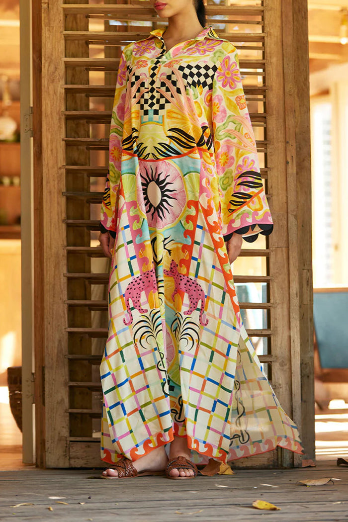 Vibrant Mixed-Print Maxi Shirt Dress