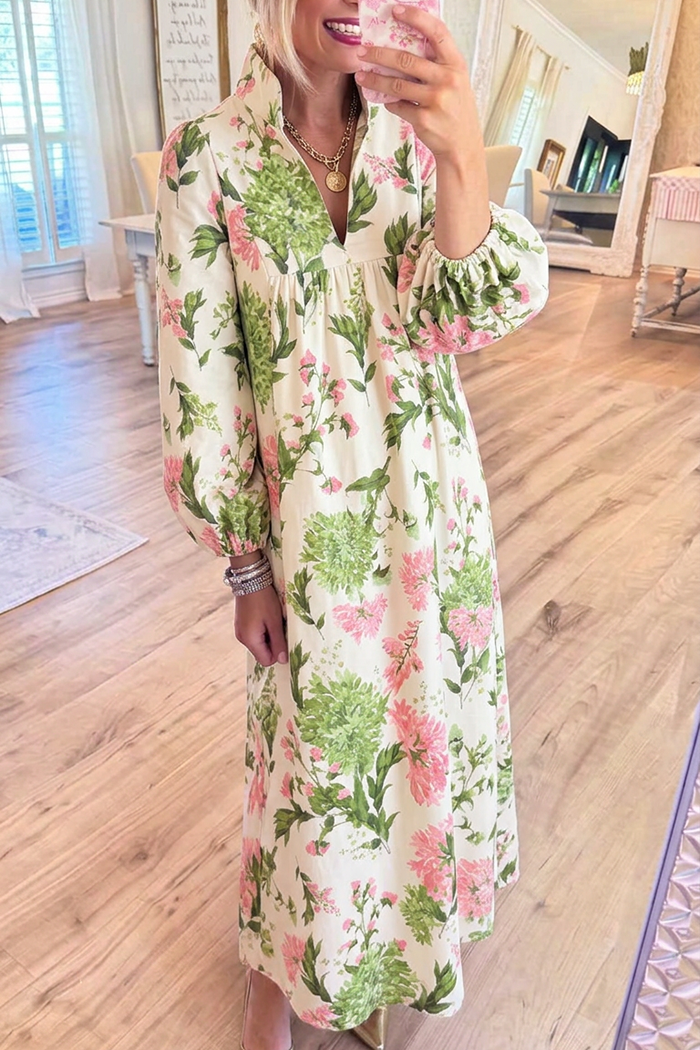 Green Pink Floral Stand Collar Balloon Sleeves Pockets Maxi Dress