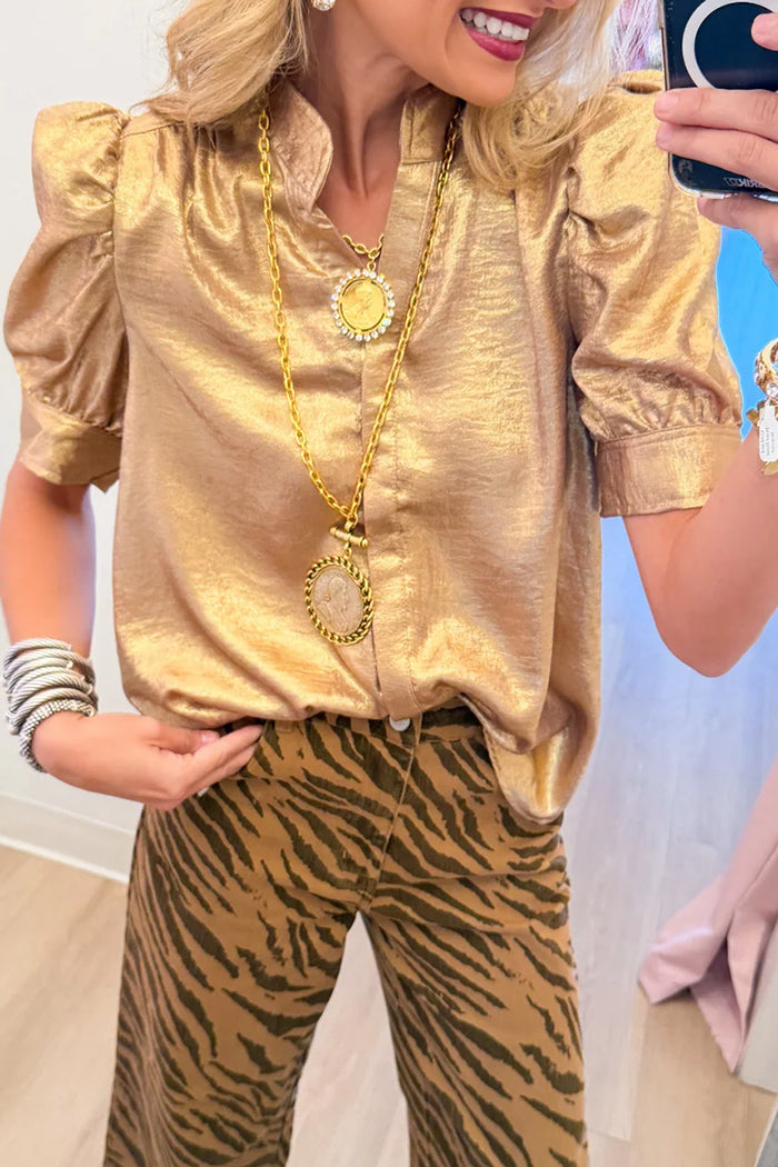 Metallic Puff Sleeve Button Top