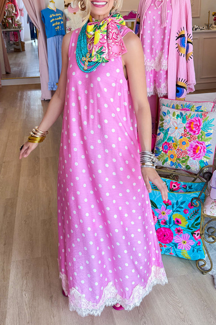 Sleeveless Polka Dot Lace Hem Midi Dress