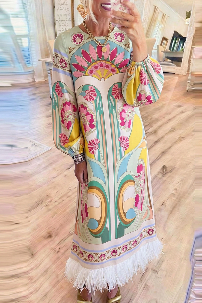 Floral Round Neck Balloon Sleeve Fringe Hem Maxi Dress