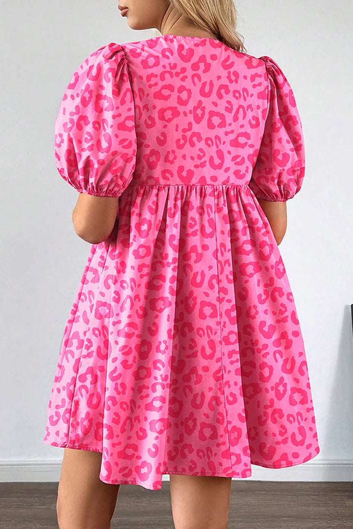 Leopard Puff Sleeve Tie Front Mini Dress