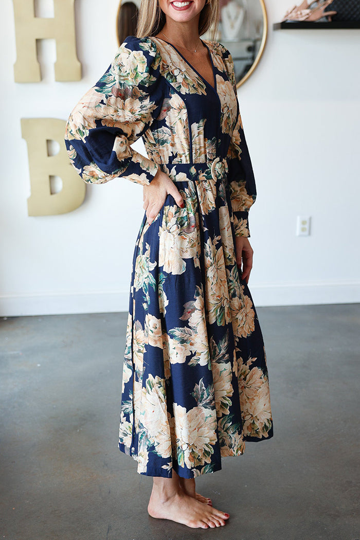 V-Neck Floral Print Long Sleeve Pocket Dress