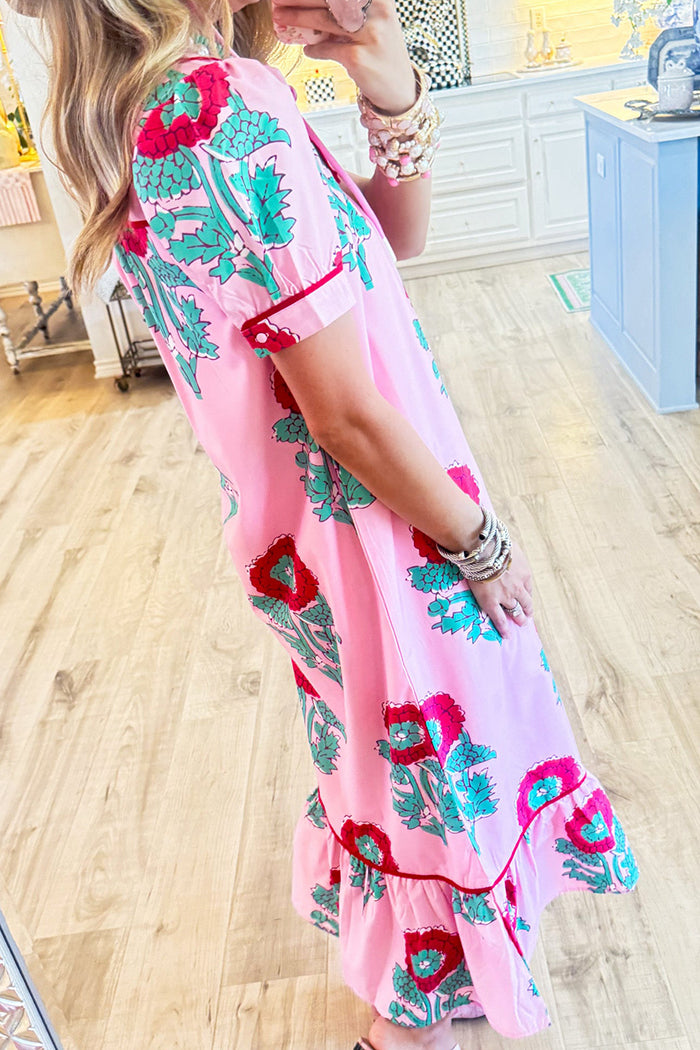 Pink Floral Ruffle Hem Midi Dress