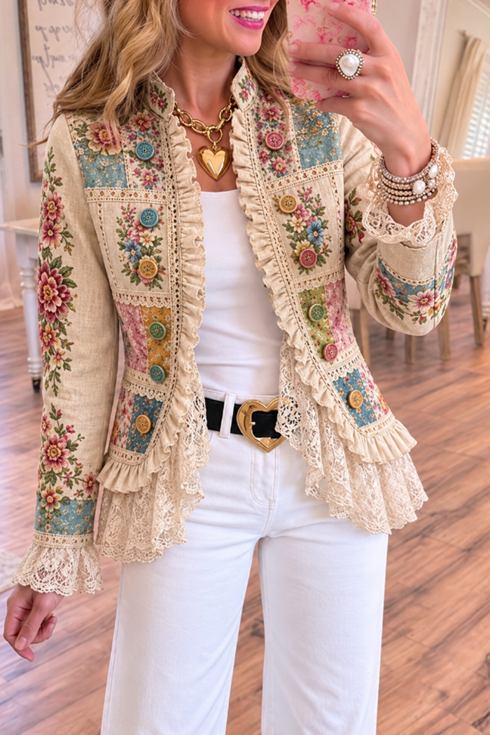 Beige Patchwork Floral Button Ruffle Lace Jacket
