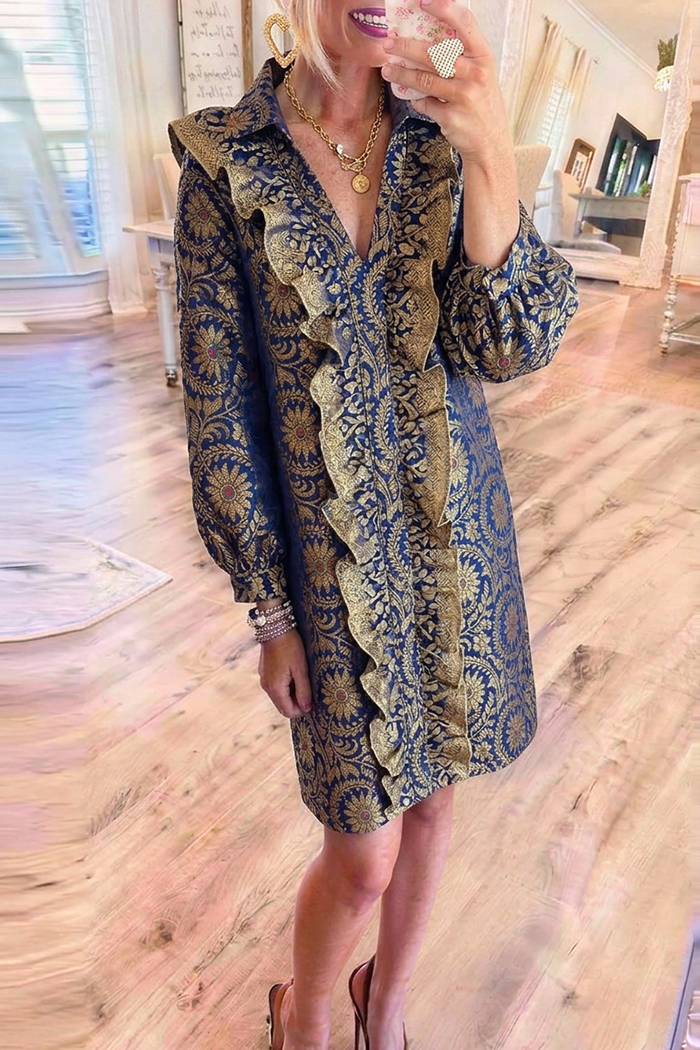 Metallic Vintage Jacquard Collared Front Ruffle Shirt Dress