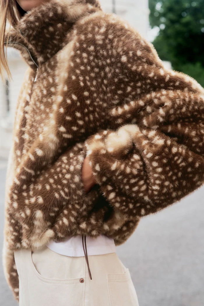 Deer Print Faux Fur Jacket