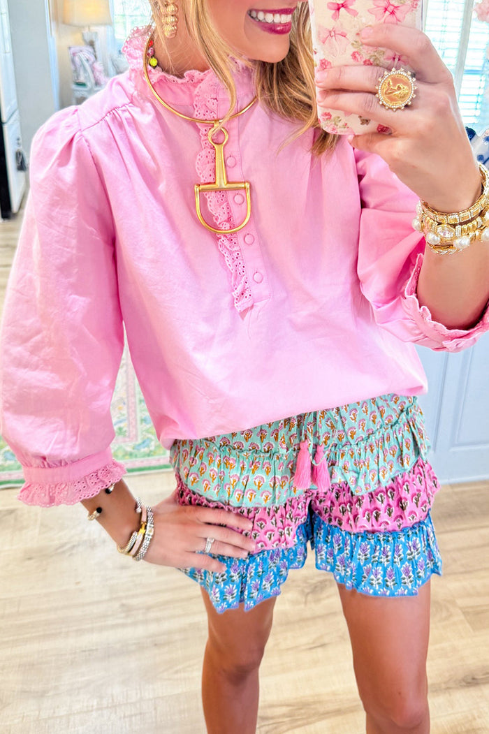 Pink 3/4 Sleeve Eyelet Accent Top
