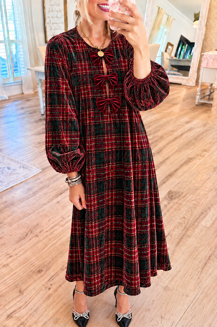 Christmas Plaid Bow Velvet Maxi Dress