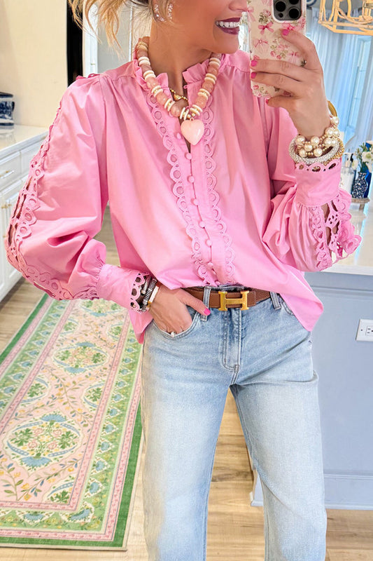 Button Front Scallop Lace Trim Top