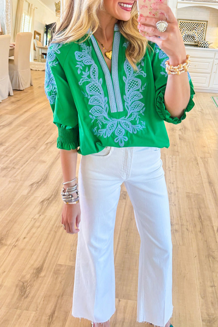 Contrast Embroidered 3/4 Sleeve Top