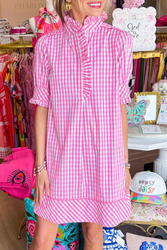 Pink Gingham Ruffle Collar Dress