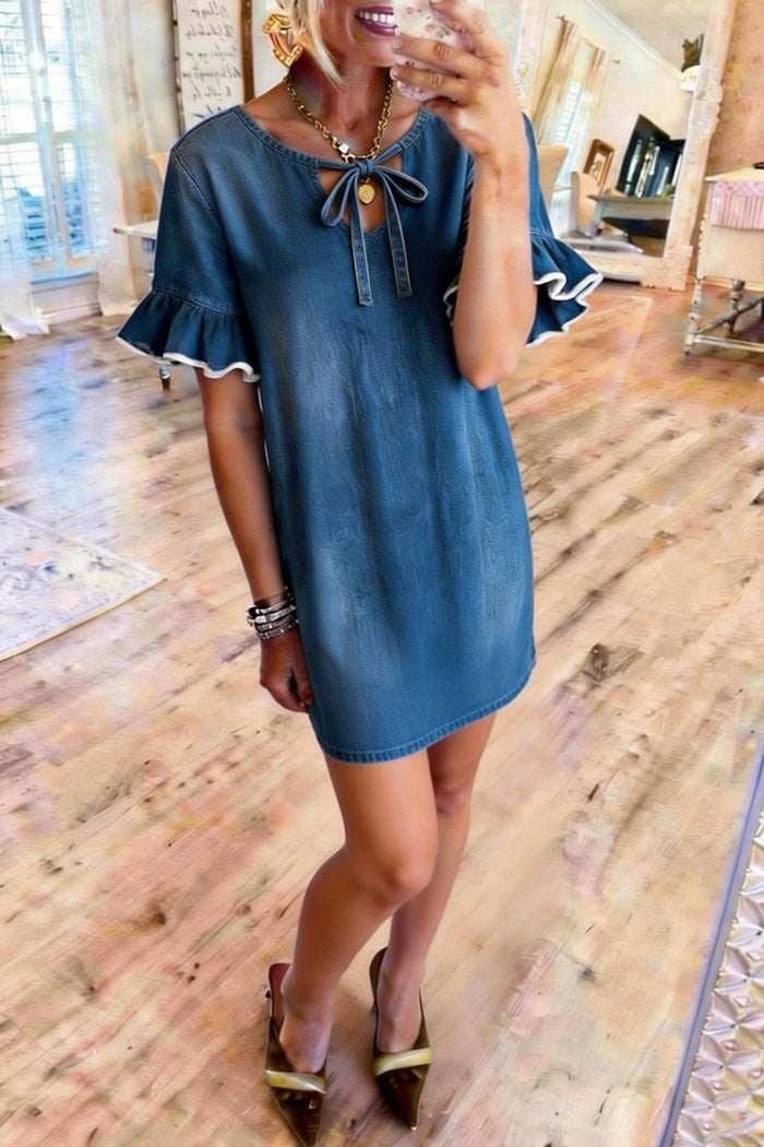 Tie Neck Ruffle Trim Denim Dress