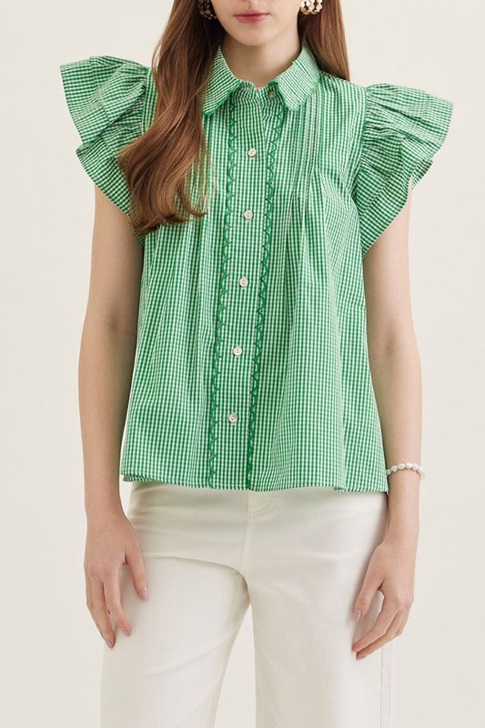 Casual Double Ruffle Scolloped Trim Top