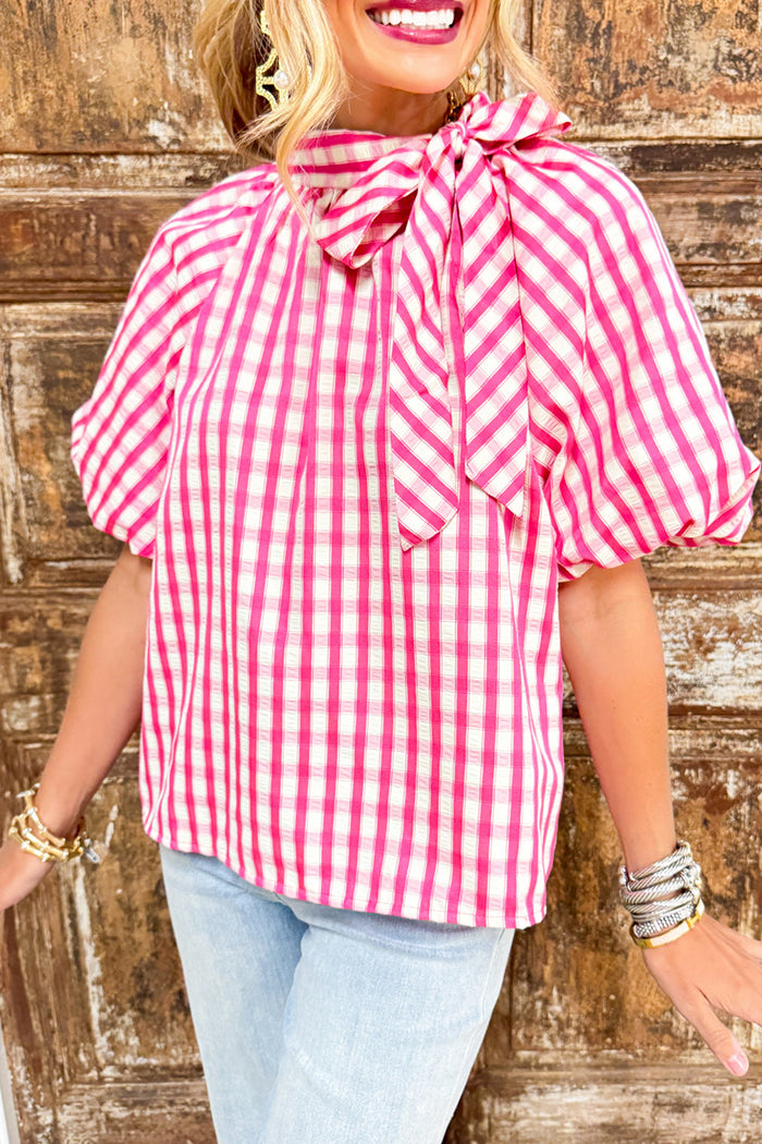 Pink Gingham Short Puff Sleeve Top