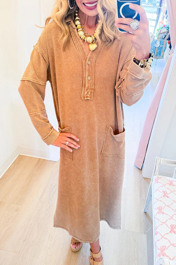 Ribbed Knit Collar Pocket Maxi Dress
