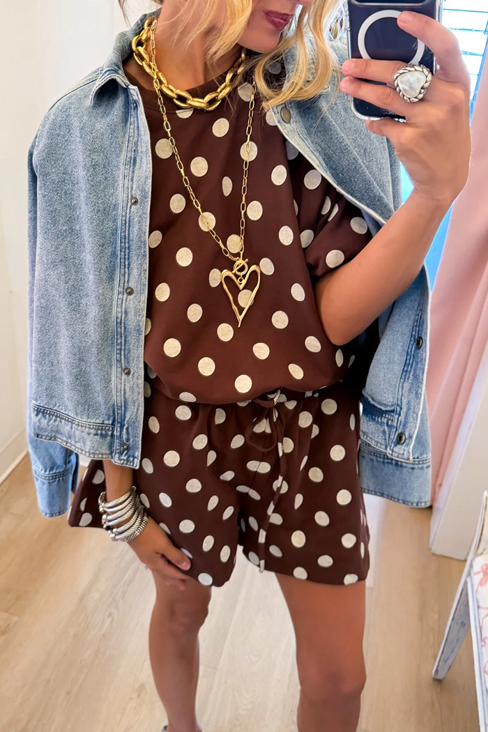 Brown Polka Dot Bubble Sleeve Short Set