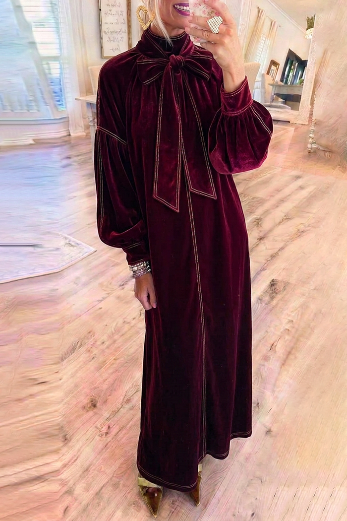 Burgundy Velvet Bow Neck Balloon Sleeve Maxi Dress