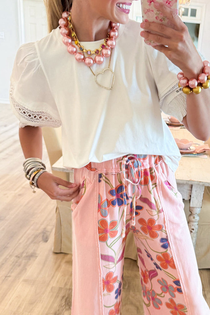 White Puff Short Sleeve Lace Accent Top