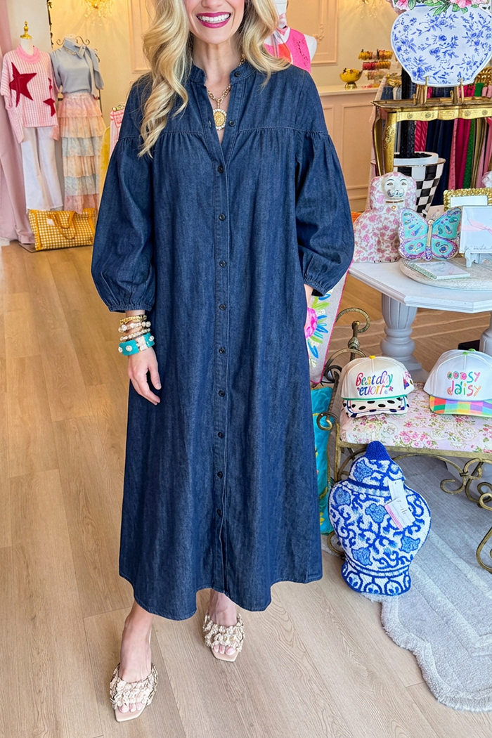 Balloon Sleeves Button-Down Denim Dress