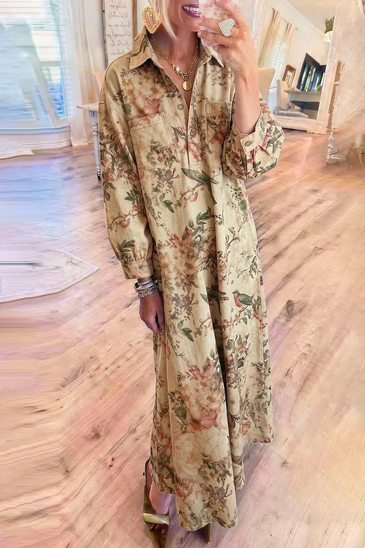 Beige Denim Collared Long Sleeve Floral Bird Maxi Dress