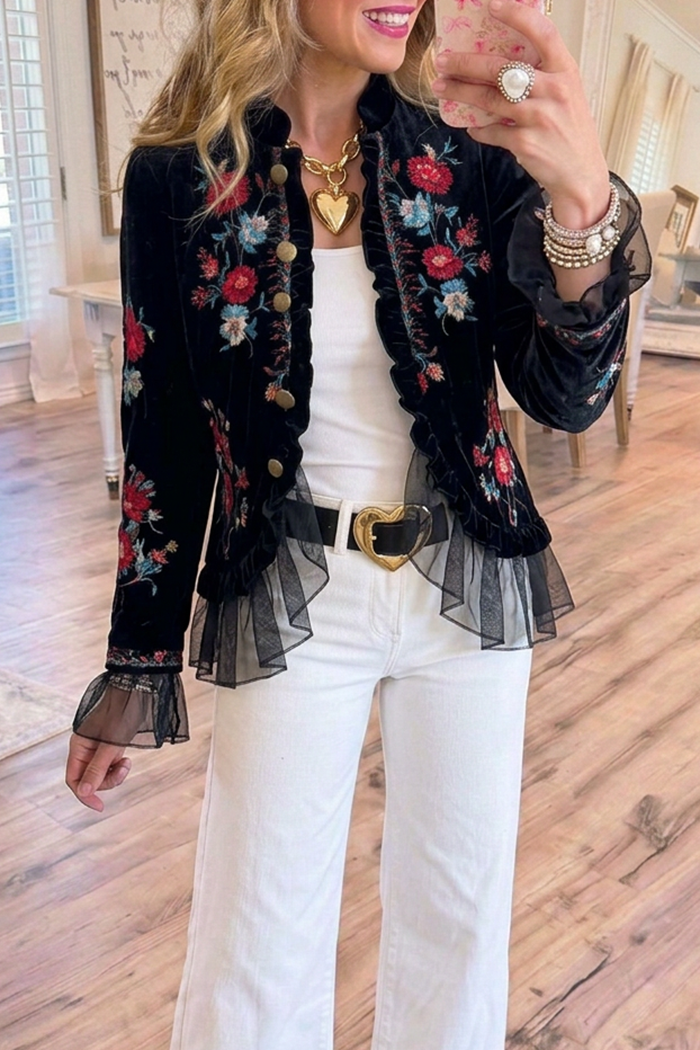 Black Velvet Floral Tulle Ruffle Hem Cropped Jacket