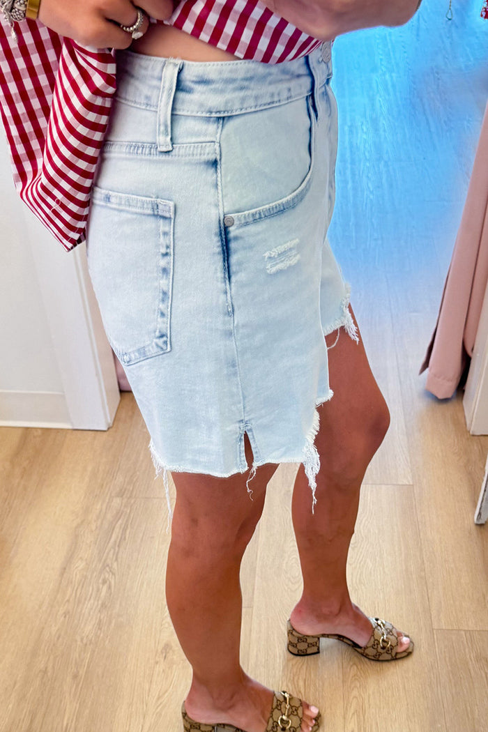 Light Denim Distressed Hem Shorts