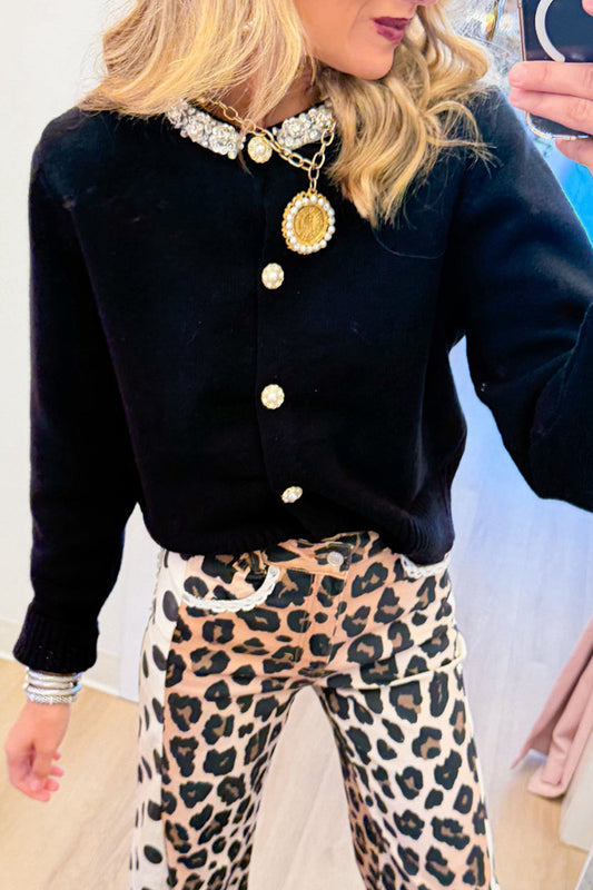 Black Rhinestone Knit Cardigan