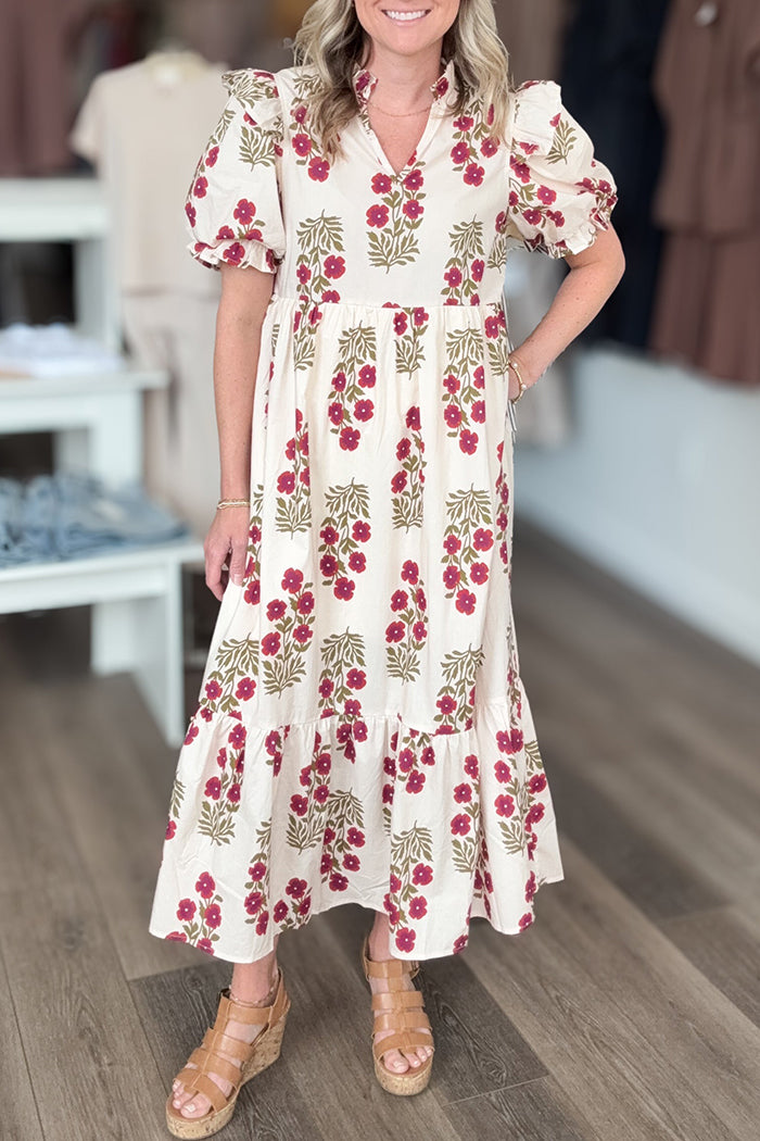Vintage Puff-Sleeve Floral  Maxi Dress