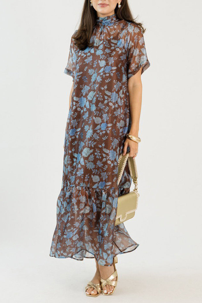 Mock Neck Short Sleeve Back Tie Floral Tiered Maxi Dress