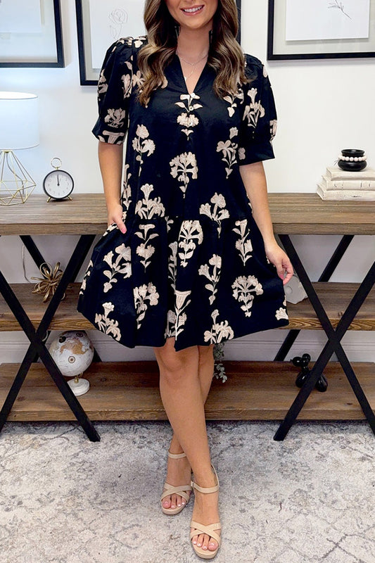 Puff Sleeve Floral Pattern Dress