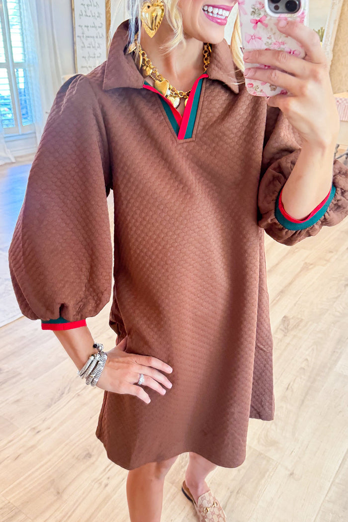 Contrast Banding 3/4 Sleeve Dress