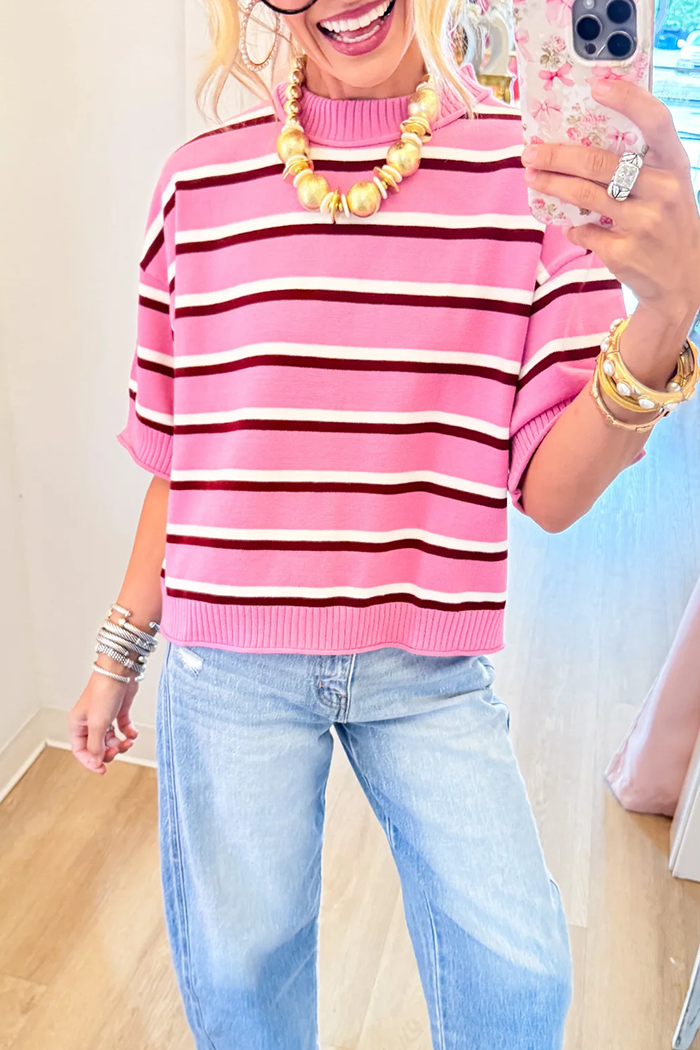 Stripe Crew Neck Elbow Length Sleeves Ribbed Trim Sweater