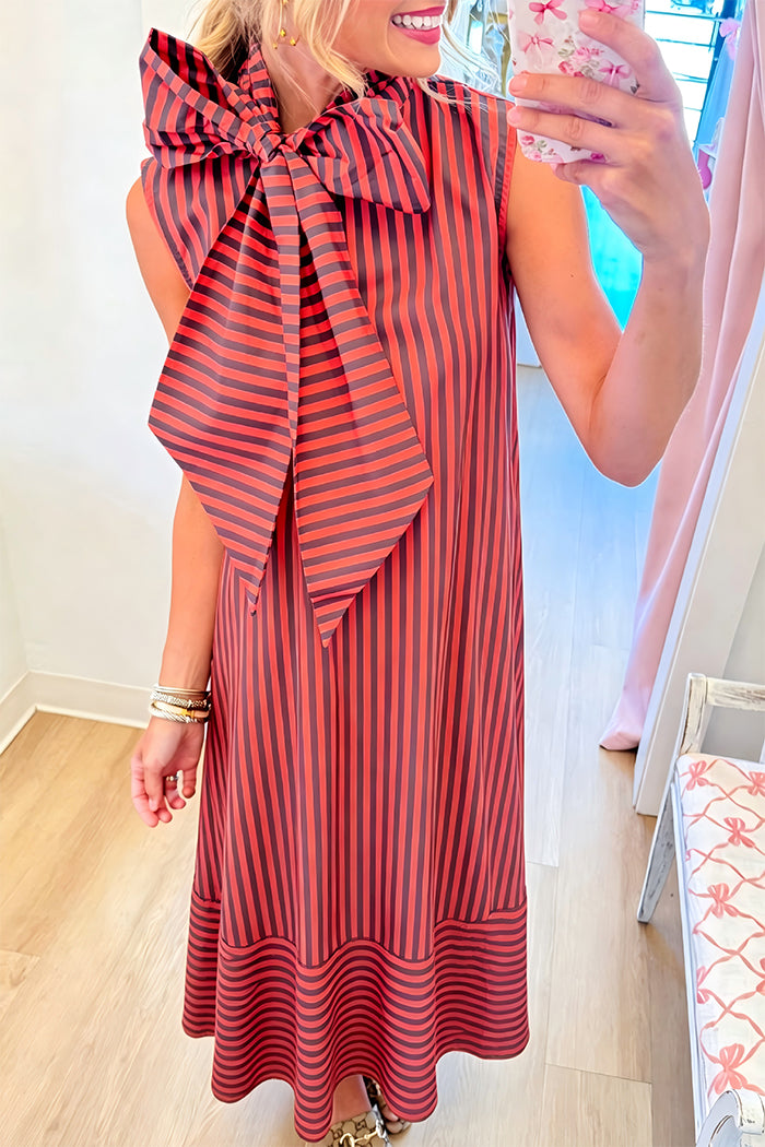 Charcoal And Orange Stripe Bow Maxi Dress