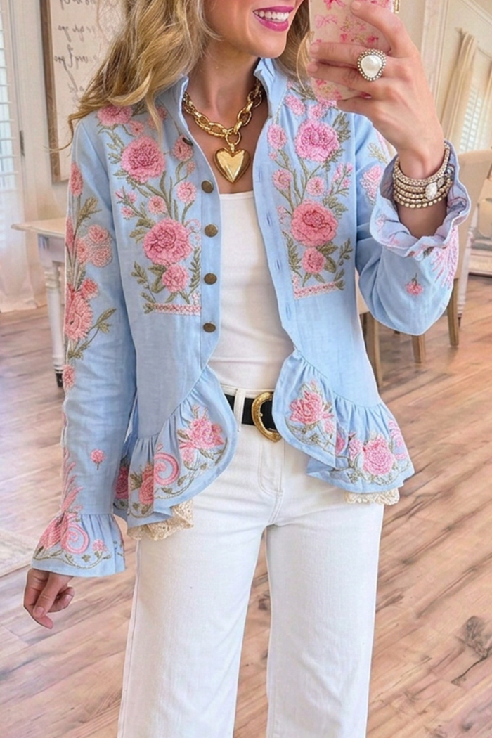 Light Blue Denim Pink Floral Ruffle Hem Cropped Jacket