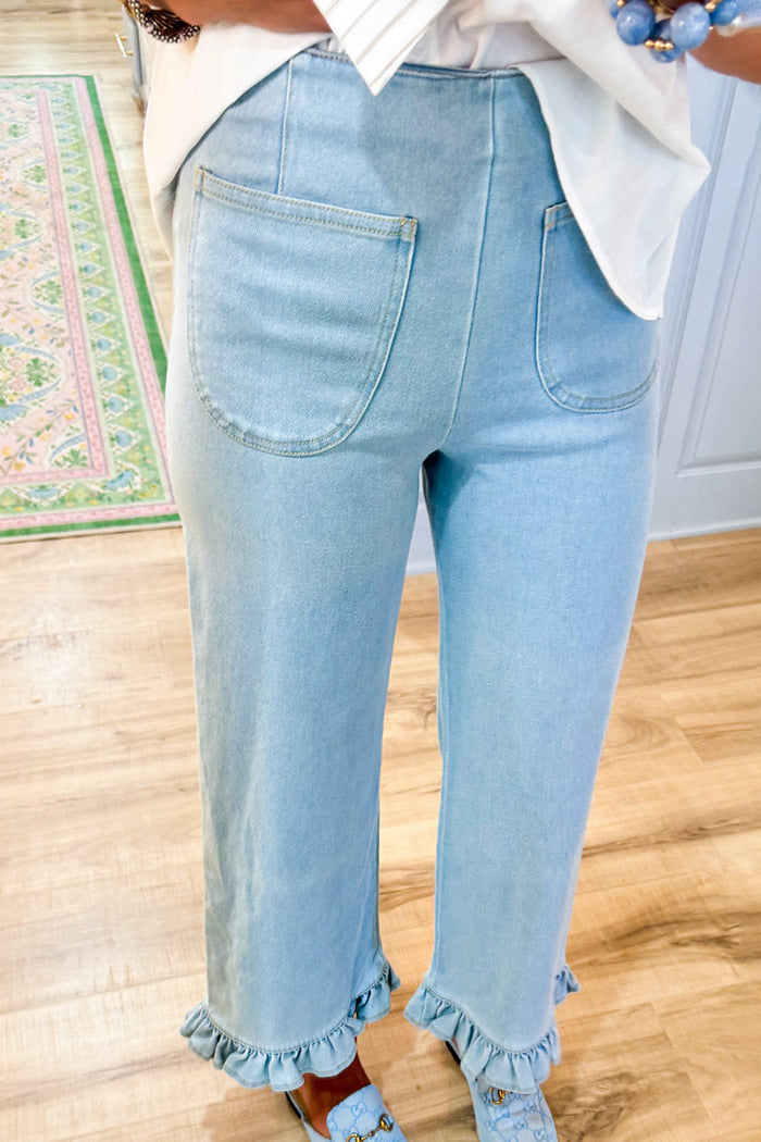 Light Denim Ruffle Hem Pocket Pants