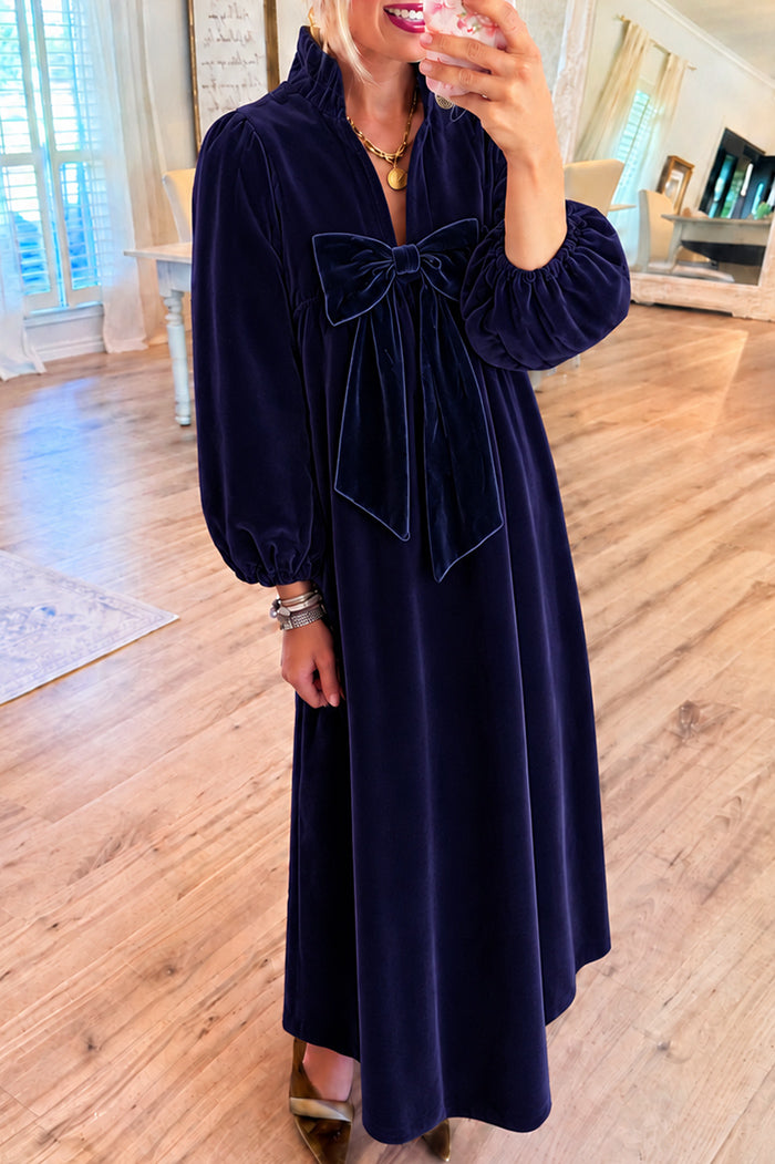 Velvet Bow Ruffle Collar Maxi Dress