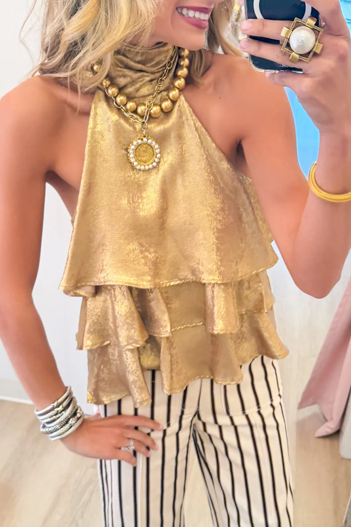 Gold Sleeveless Ruffle Tiered Top