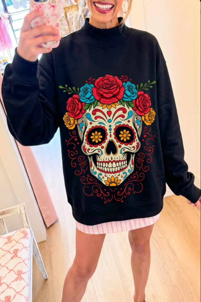 Black Sugar Skull Floral Mock Neck Long Sleeve Top