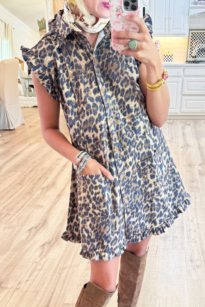 Leopard Ruffle Hem Button Dress