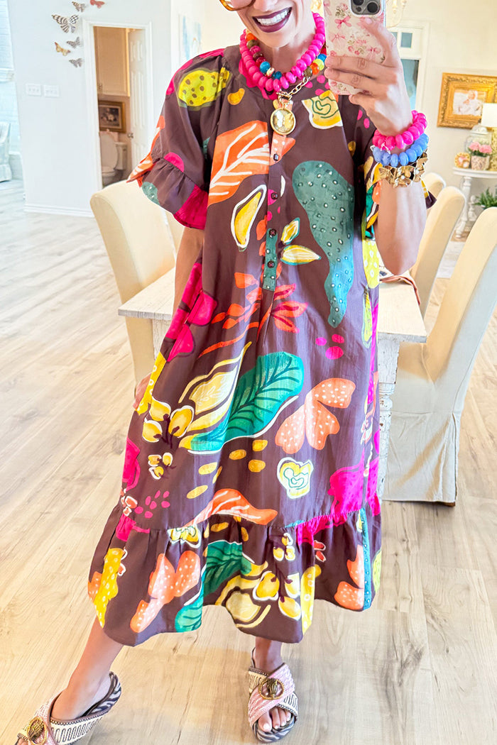 Casual Retro Floral Print Ruffled Dress