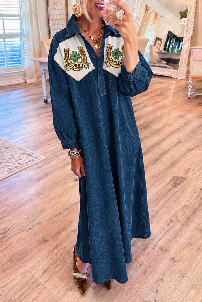 Dark Blue Denim Horseshoe Clover Long Sleeve Maxi Dress