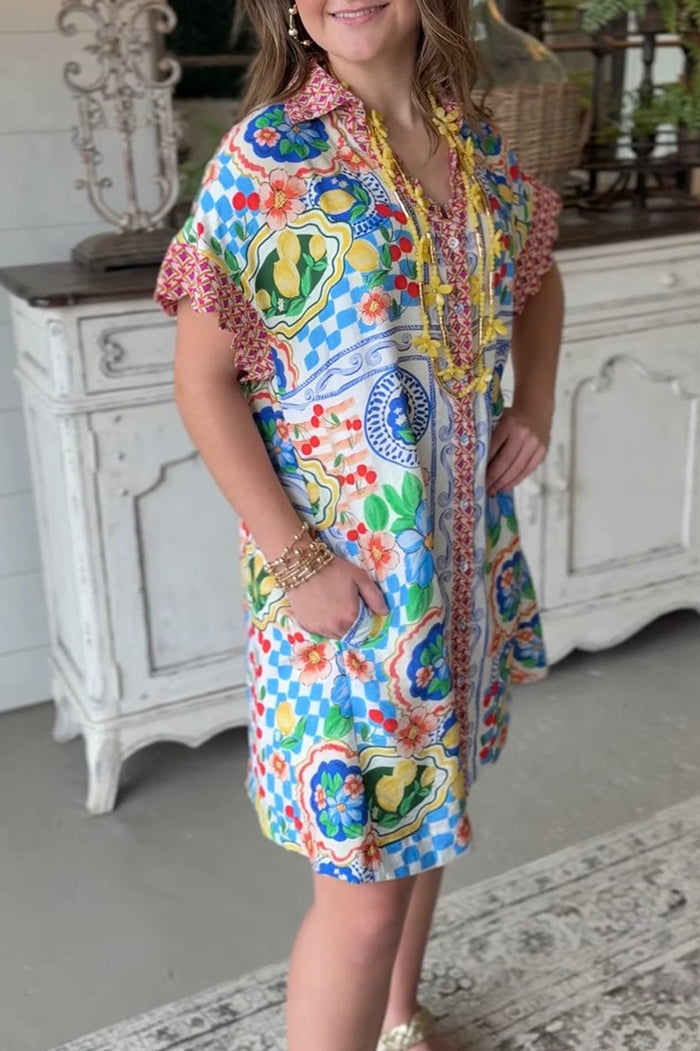 Vibrant Floral Collared Short Sleeve Dress