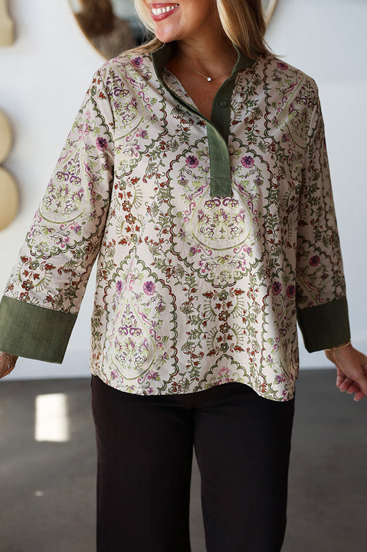 Floral Print Contrast Trim Button Front Top