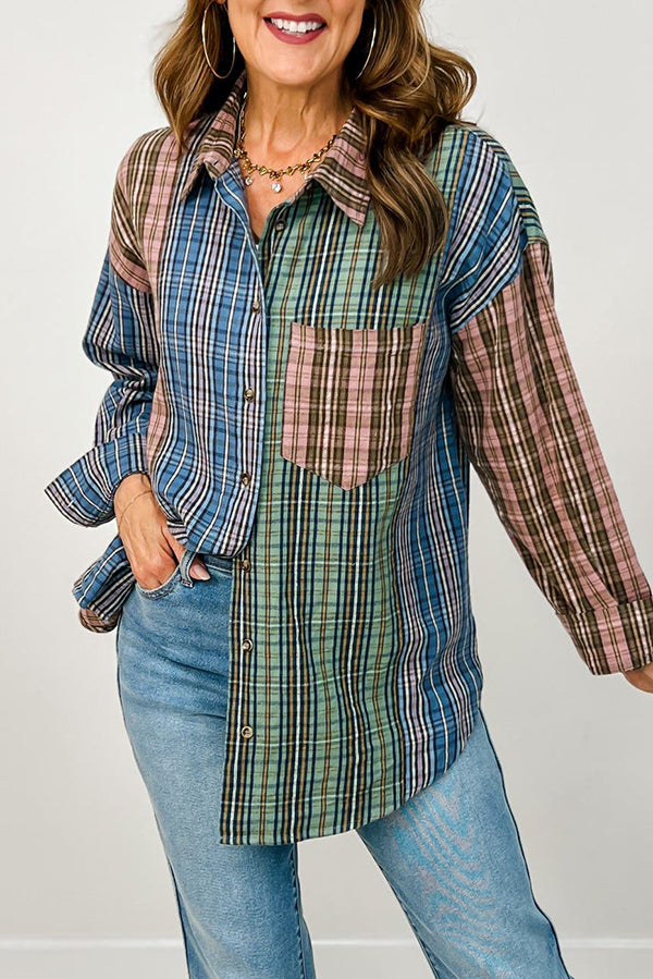 Patchwork Plaid Button-Up Top