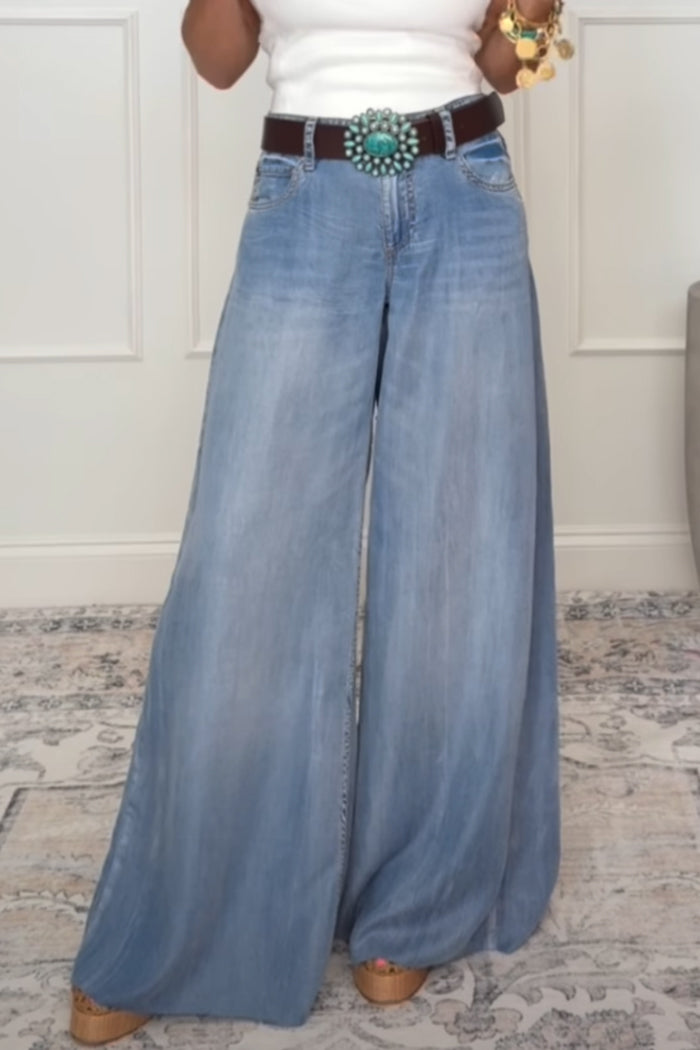 Front Pocketed Casual Wide Leg Denim Pants