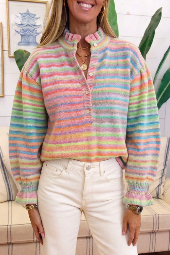 Rainbow Stripe Knit Ruffle Collar Half Button Puff Sleeve Top