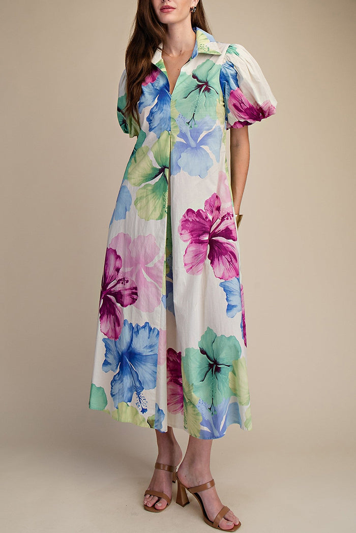 Collar Puff Sleeve Pleated Floral Dress
