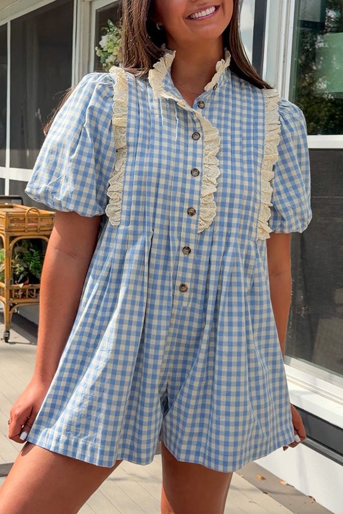 Ruffled Neck Gingham Romper